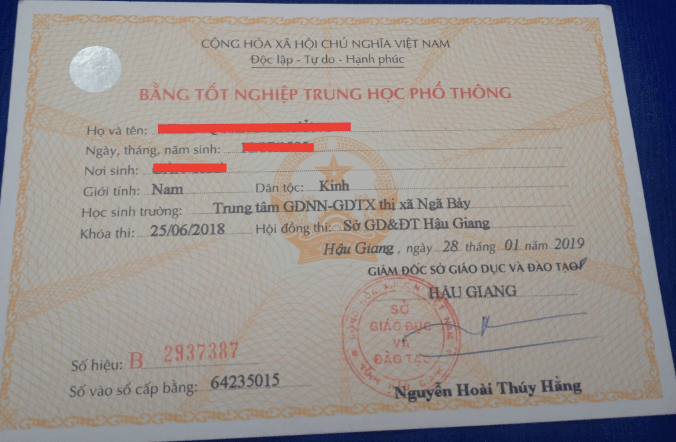 Làm bằng cấp 3 bổ túc - Mẫu bằng cấp 3 hậu giang