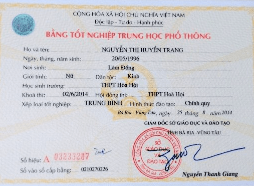 Làm bằng phổ thông - mẫu bằng cấp 3 tại vũng tàu