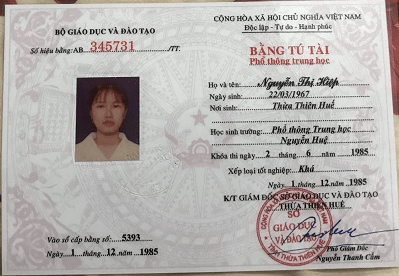 Mẫu bằng cấp 3 năm 1985 - làm bằng trung học phô thông